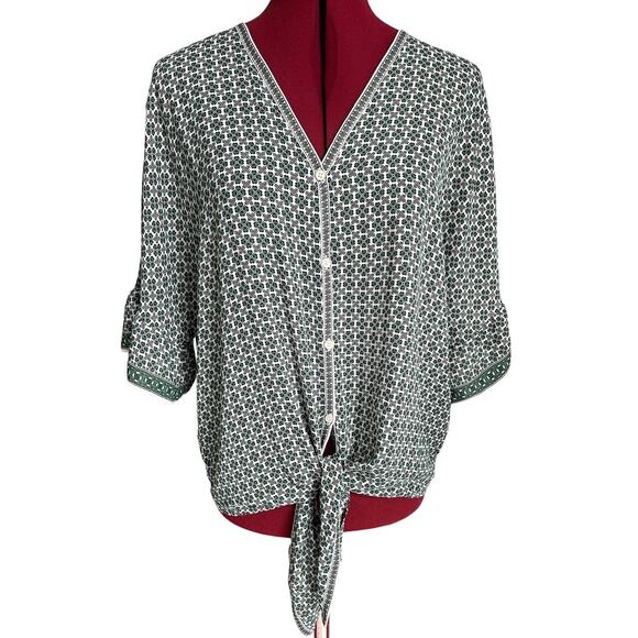 Max Studio Size Large Four Leaf Clover Button Up Blouse Front Tie Ruffle Cuff - Picture 1 of 8